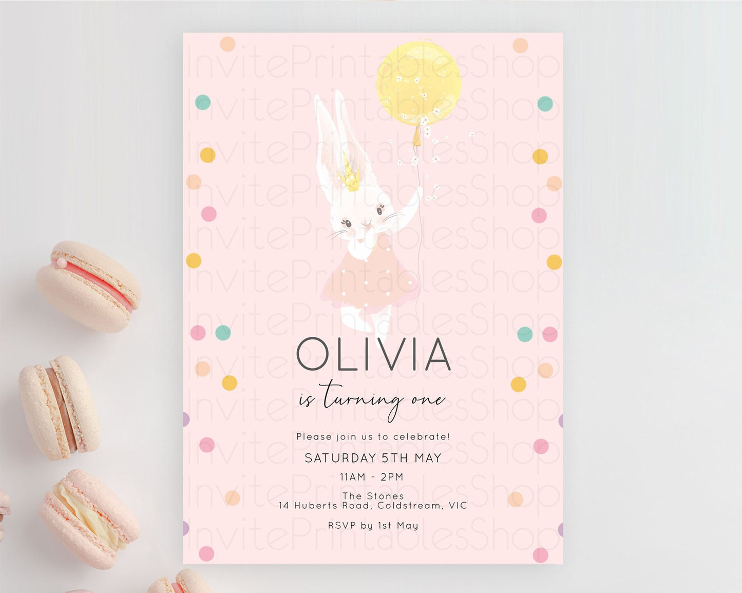 Bunny Birthday Invitation Pastel Bunny Invitation Bunny Balloon Invites Pastel Confetti Balloon Bunny Invites 2nd 1st First Birthday D10219