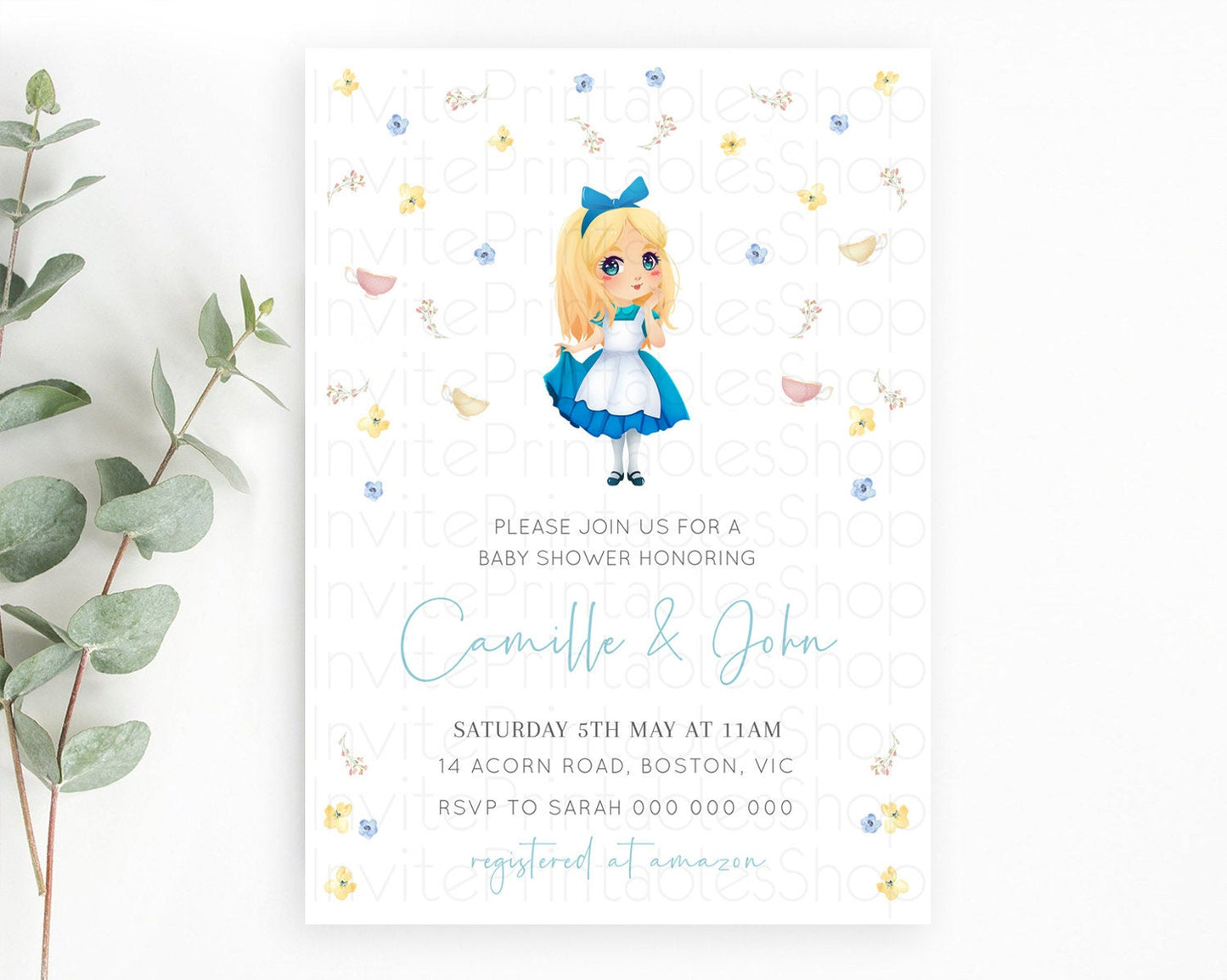 Wonderland Baby Shower Invitation- Garden Tea Party, Tea Cup, Blooms Botanical, Secret Garden Confetti Pastel Blue Yellow Pink Floral D10886