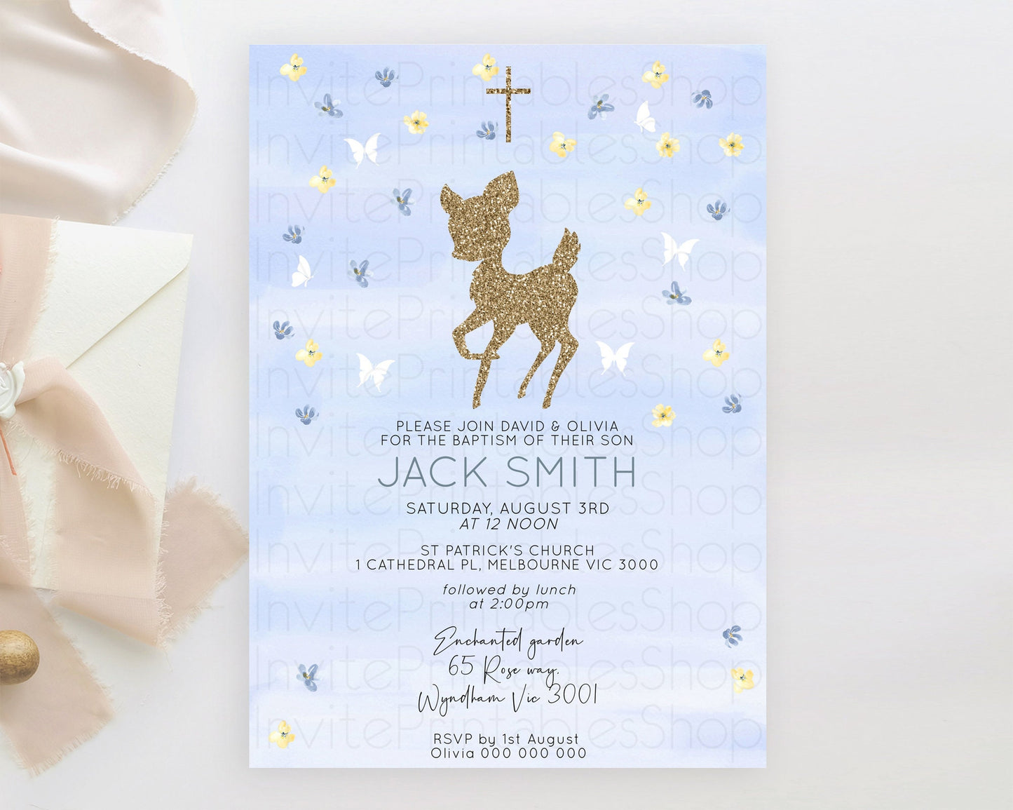 Fawn Baptism Invitation Deer Baptism 1st Birthday Invitation Enchanted Forest Christening Invitation Pastel Garden Butterfly Floral D10863