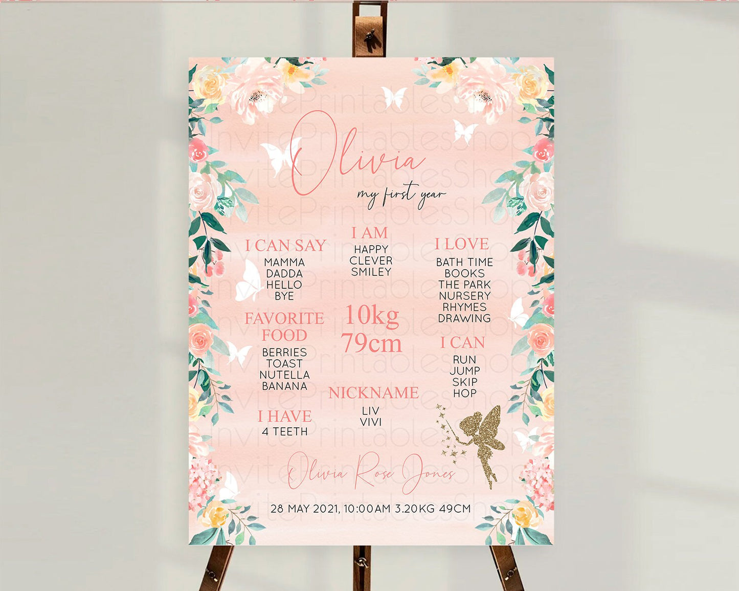 Fairy First Birthday Milestone Poster Fairy Secret Garden Milestone Board Enchanted Garden Pastel Floral Butterfly 1st Birthday Sign D10792