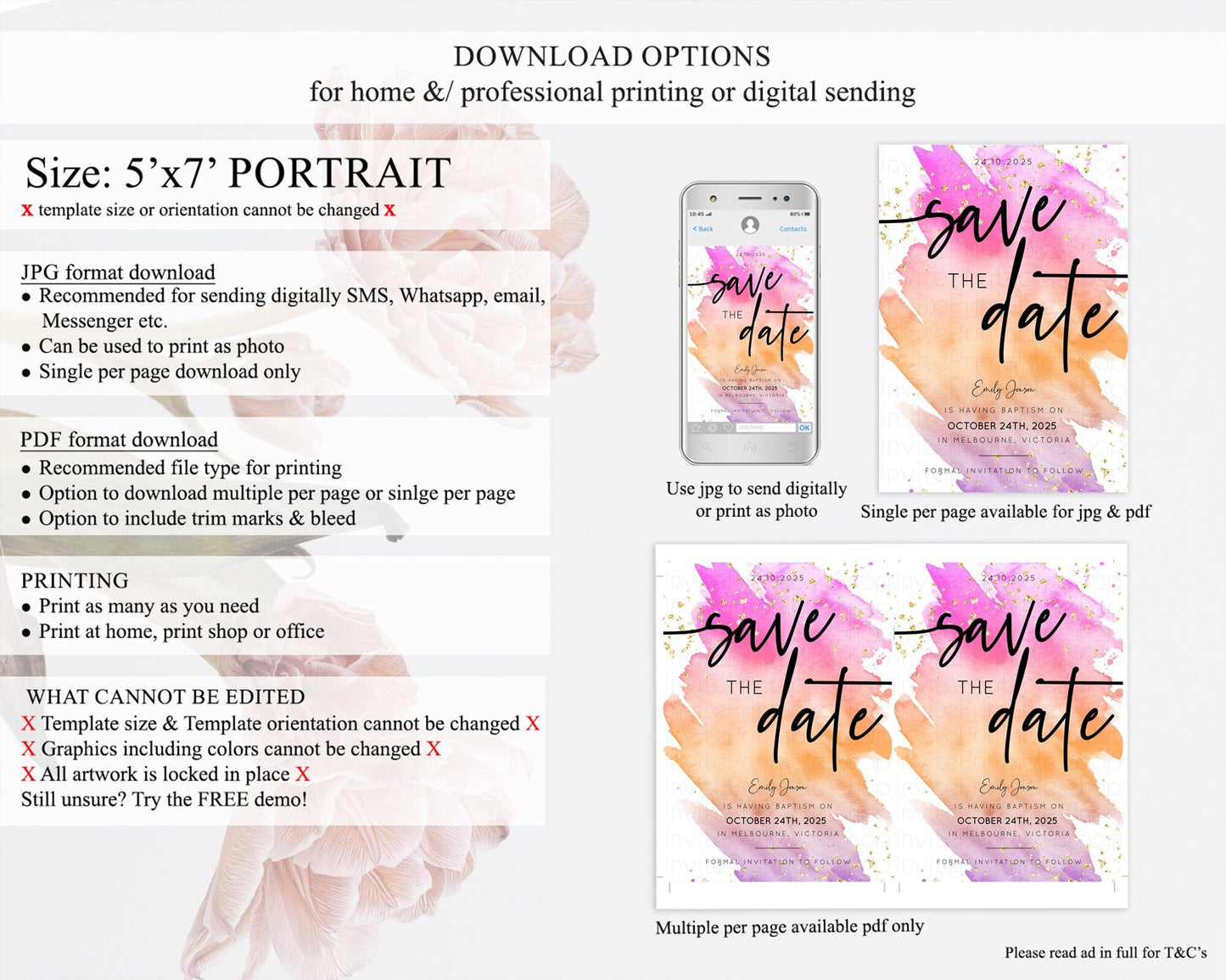 Pastel Save The Date Template Pastel Ombre Rainbow Watercolor Colorful Party For Birthday Baptism Baby Shower Wedding Bridal Shower D10488
