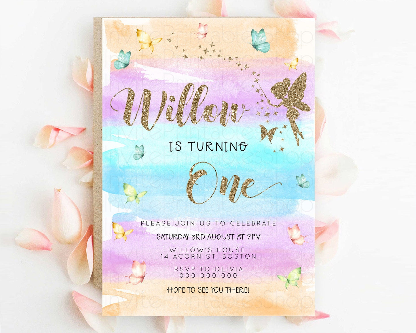 Pastel Fairy Birthday Invitation Pastel Butterflies Fairy Birthday Invitation Rainbow Ombre Watercolor 1st 2nd Birthday Invitation D23319