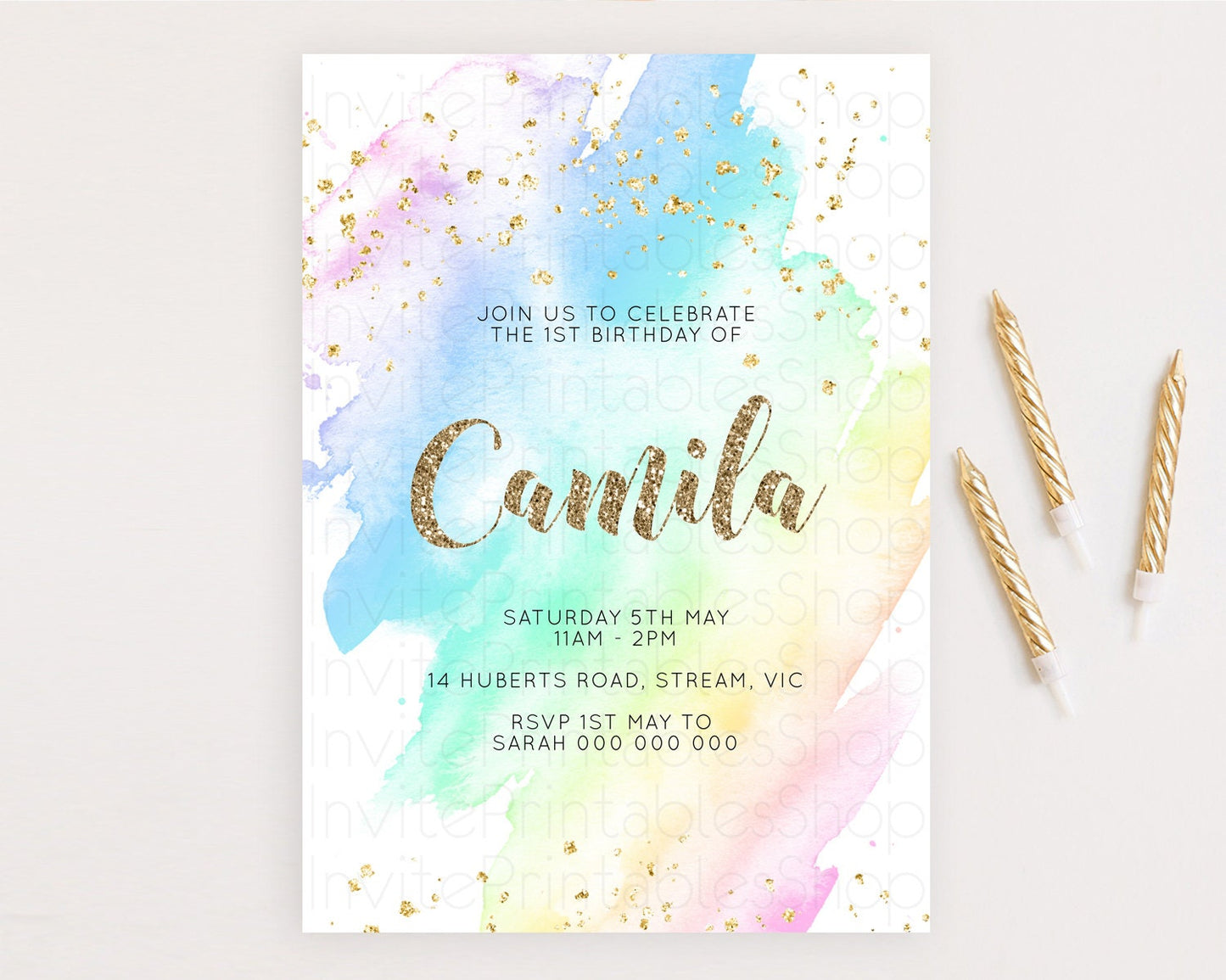 Rainbow Birthday Invitation Colorful Pastel Watercolor Invitation Gold Glitter Sprinkles Ombre Pastel 1st 2nd 3rd Birthday D10637