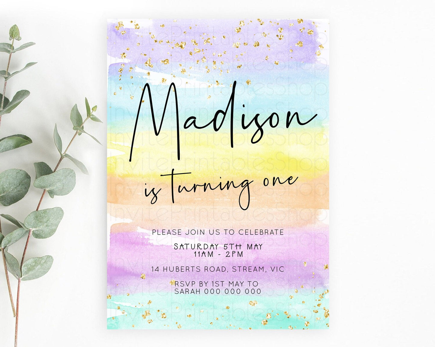 Pastel Birthday Invitation Ombre Watercolor Birthday Invitation Glitter Rainbow Color Splash 1st 2nd 3rd Birthday Invitation D23037