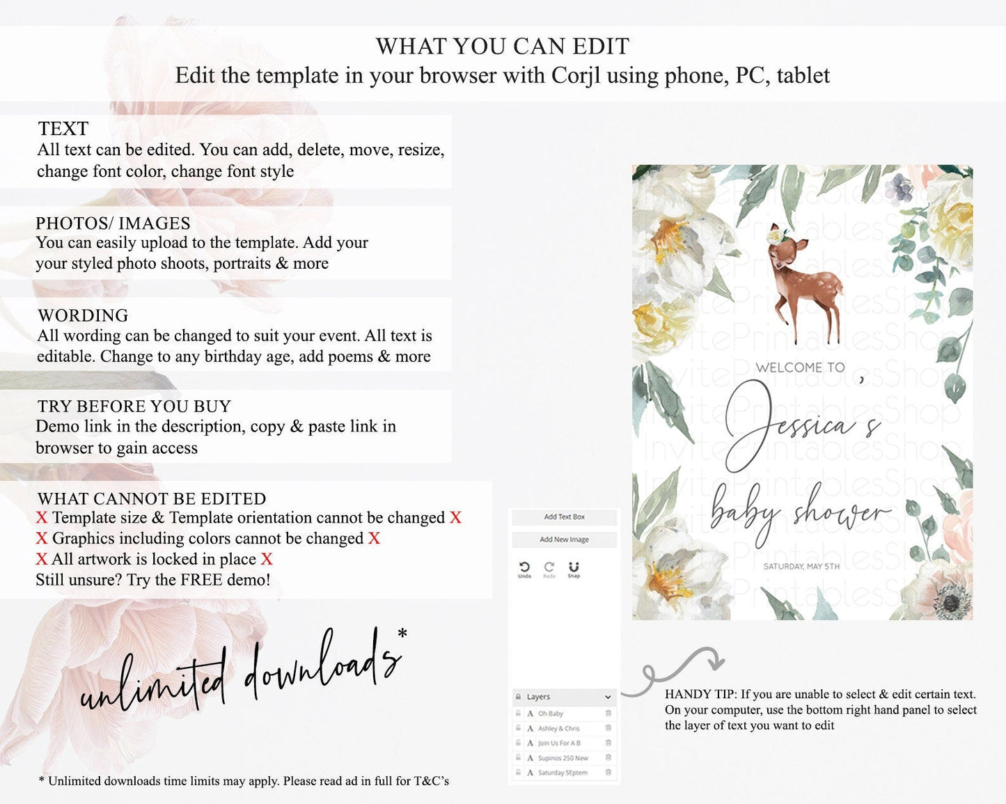 Fawn Baby Shower Welcome Sign Deer Welcome Board Floral Deer Welcome Poster Enchanted Forest Butterfly Pastel Floral Welcome Sign D11030