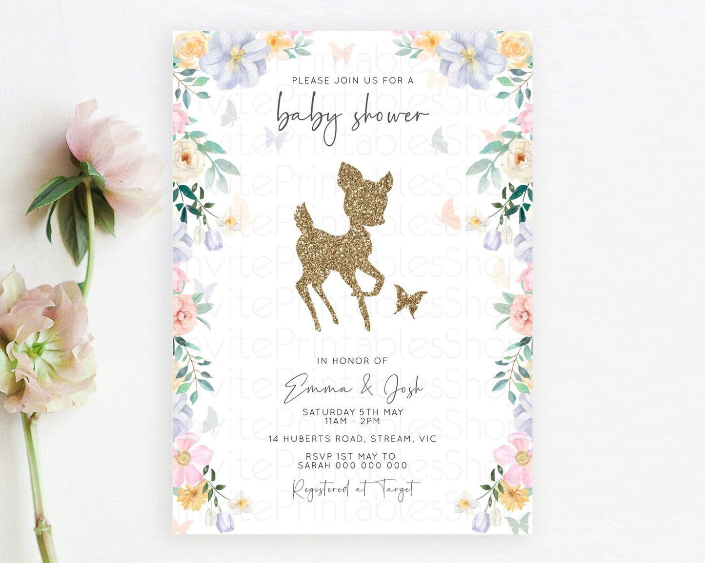 Fawn Baby Shower Invitation Deer Baby Shower Invites Enchanted Forest Theme Butterfly Pastel Flowers Whimsical Baby Shower D10477