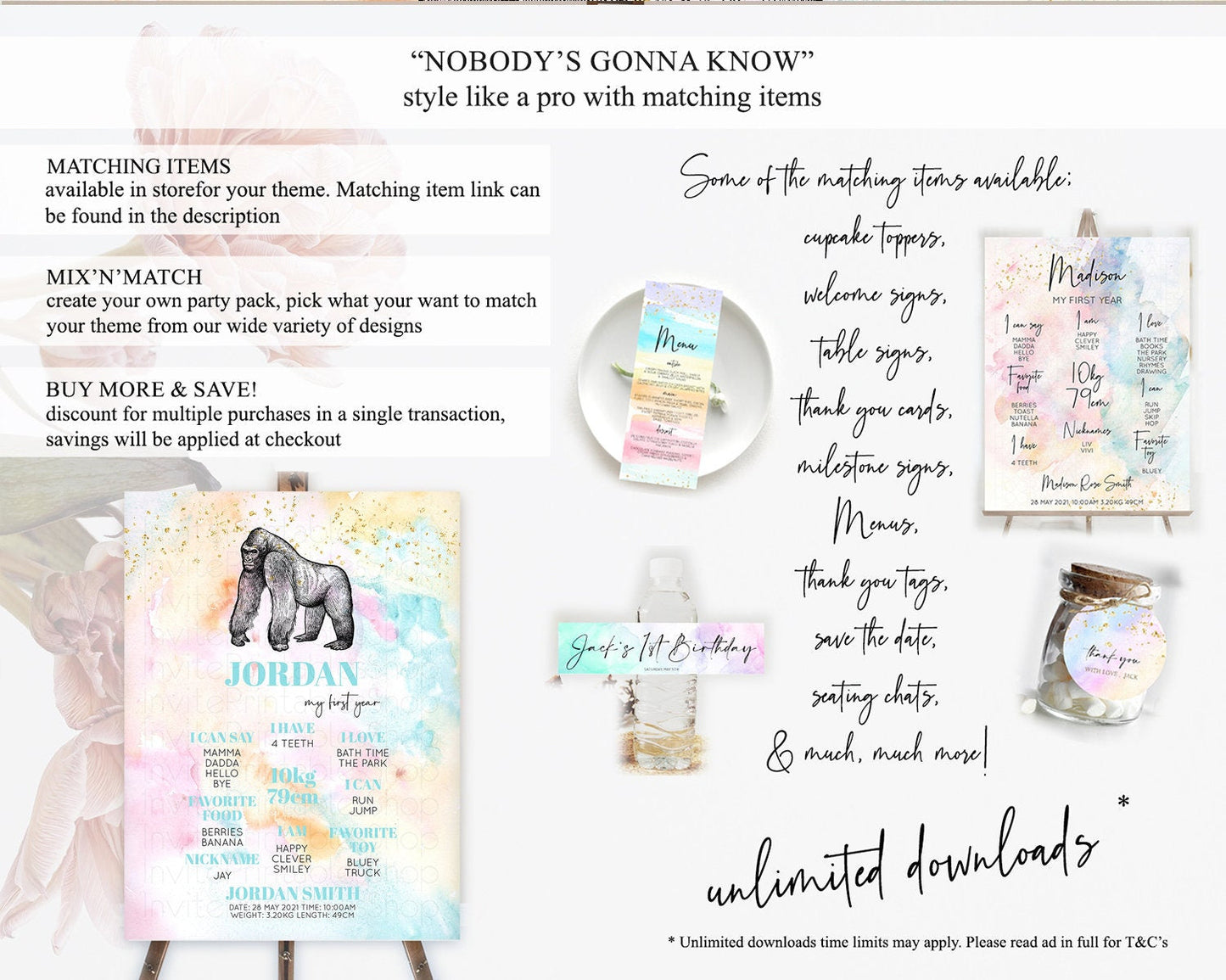 Pastel Gorilla First Birthday Milestone Board Gorilla Milestone Poster Colorful Rainbow Pastel Watercolor 1st Birthday Welcome Sign D10284