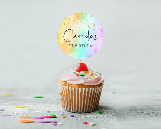 Editable Rainbow Cupcake Toppers Pastel Cupcake Toppers Colorful Pastel Wate