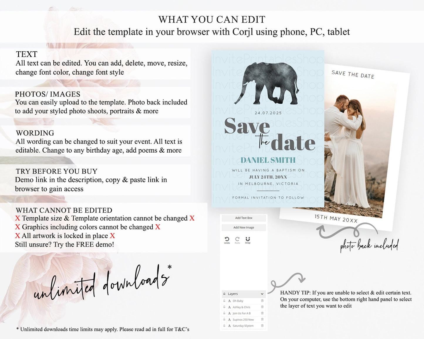 Elephant Save The Date Template Elephant Safari Adventure Party Dried Palm Fern Zoo 1st Birthday Baptism Baby Shower Bridal Shower D10802