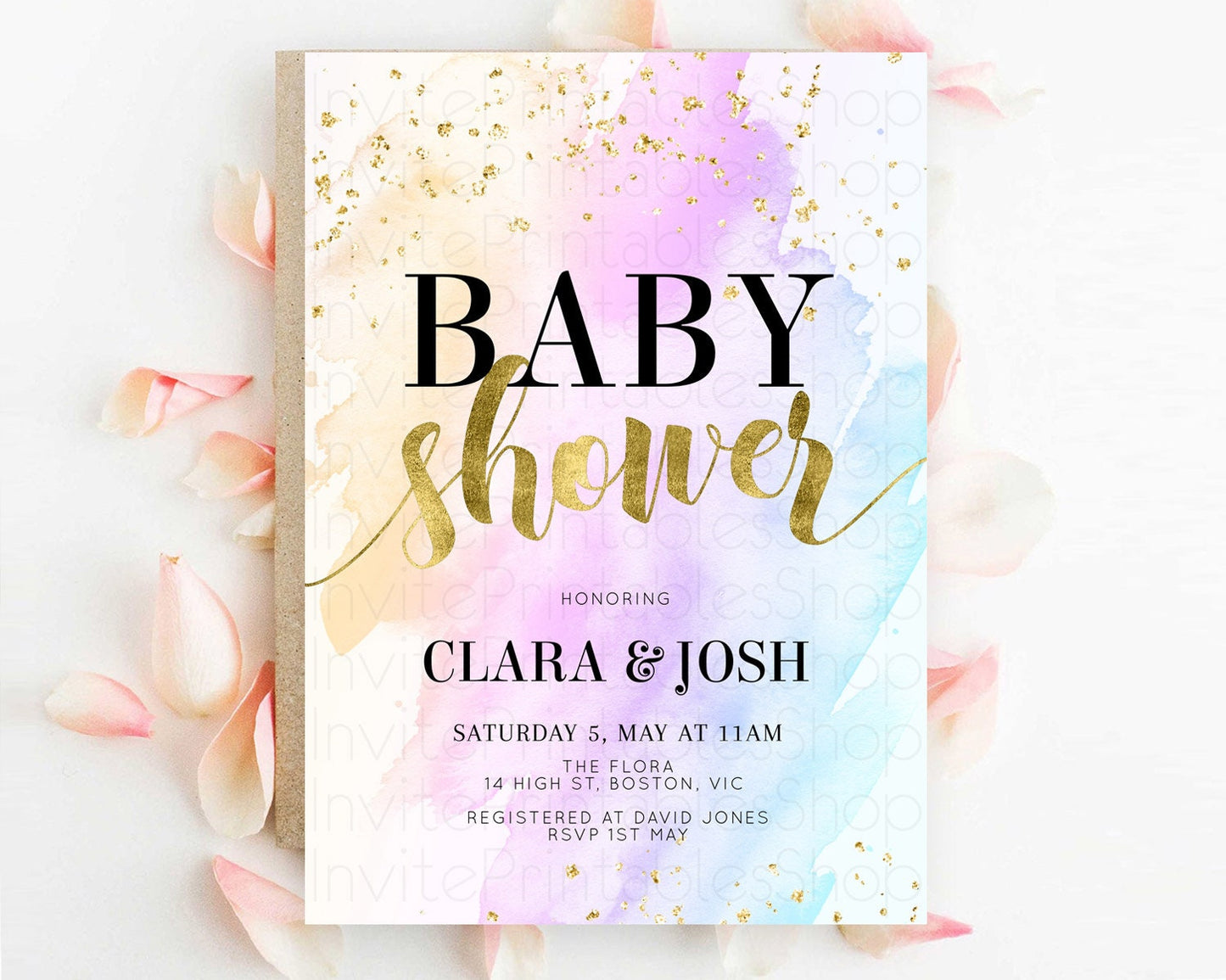 Pastel Baby Shower Invitation Rainbow Baby Shower Invitation Colorful Pastel Watercolor Invitation Gold Glitter Sprinkles Ombre D11027