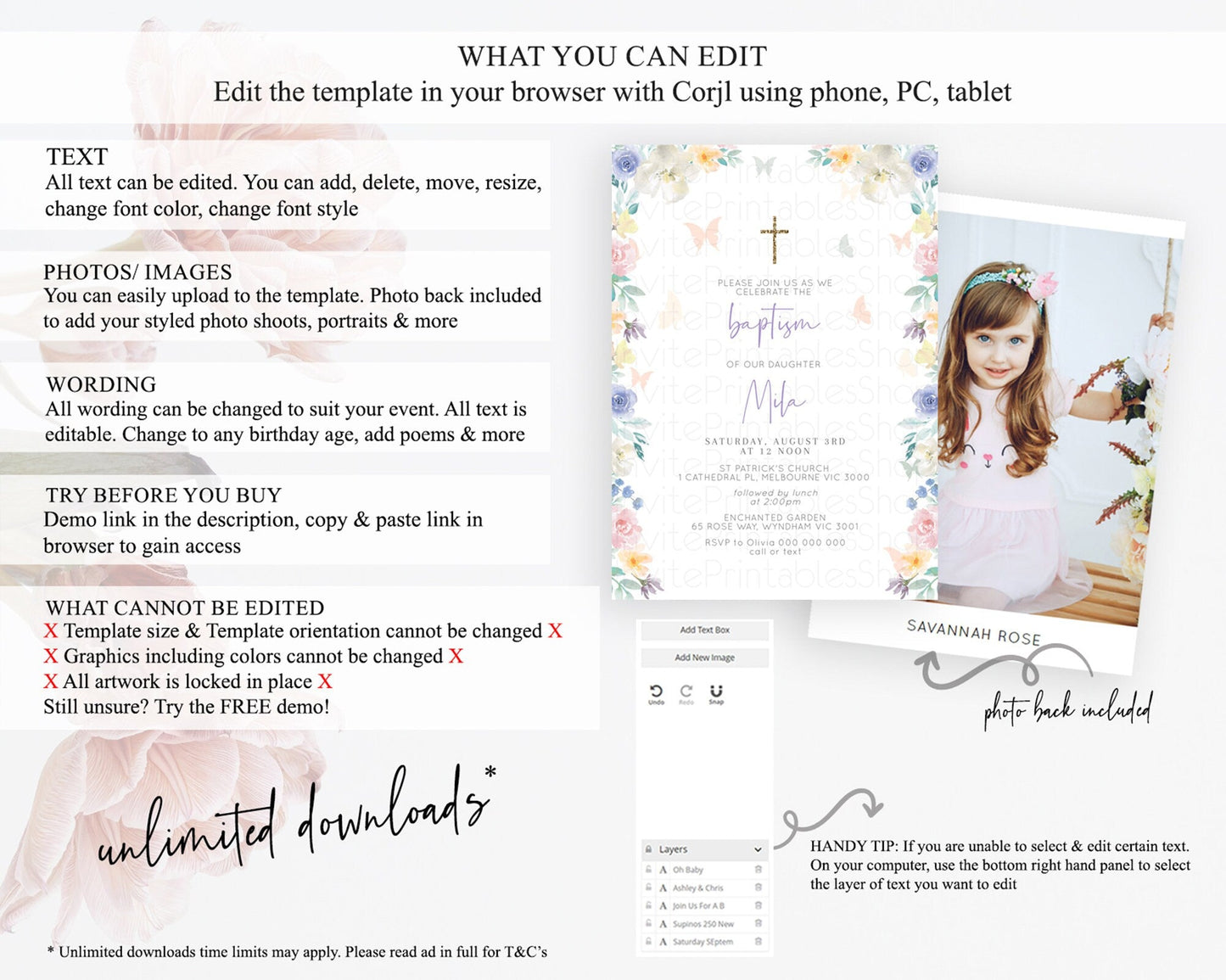Secret Garden Baptism Invitation Wildflower Baptism Birthday Invite Pastel Flowers Christening Invite Enchanted Garden Boho Floral D10710