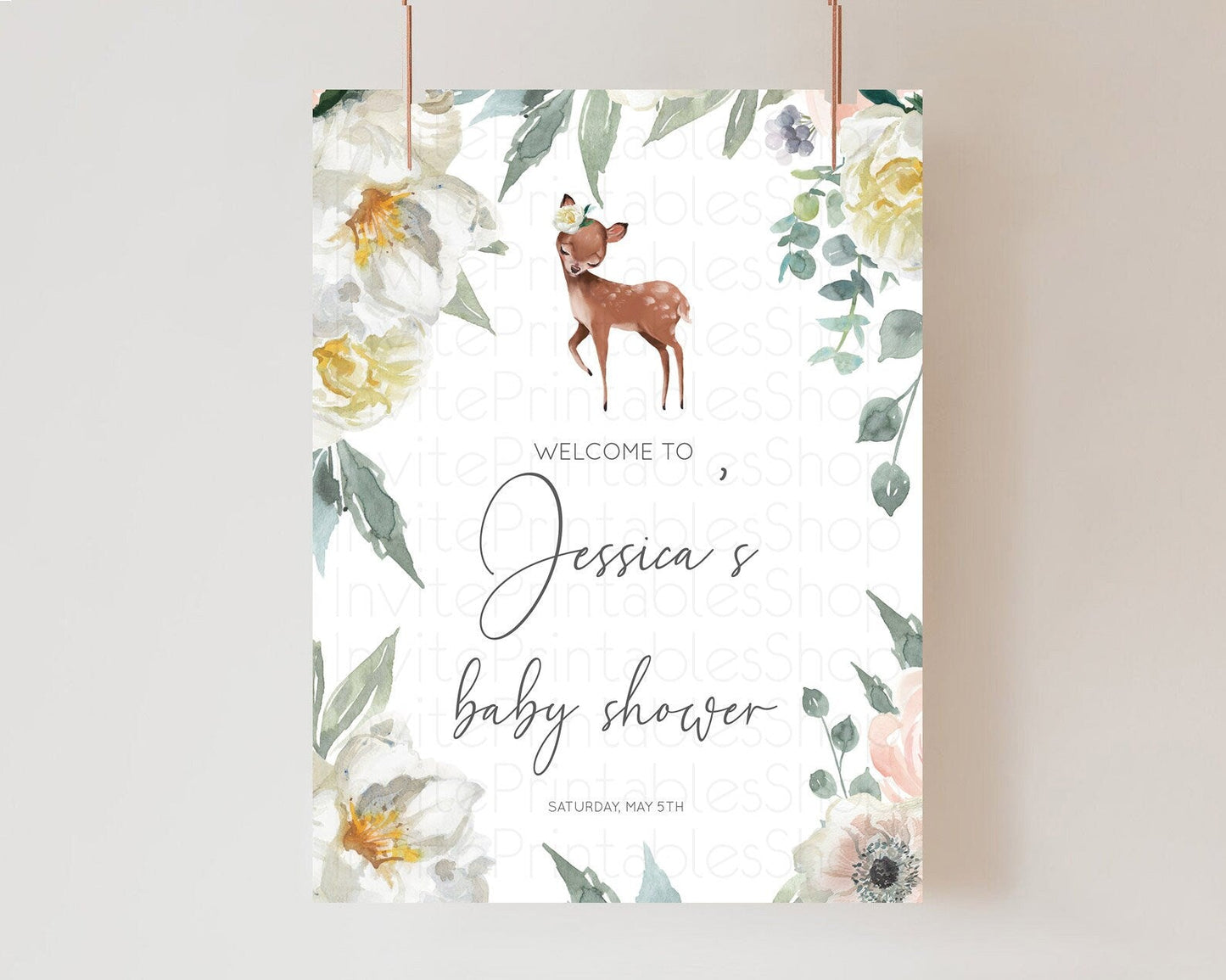 Fawn Baby Shower Welcome Sign Deer Welcome Board Floral Deer Welcome Poster Enchanted Forest Butterfly Pastel Floral Welcome Sign D11030