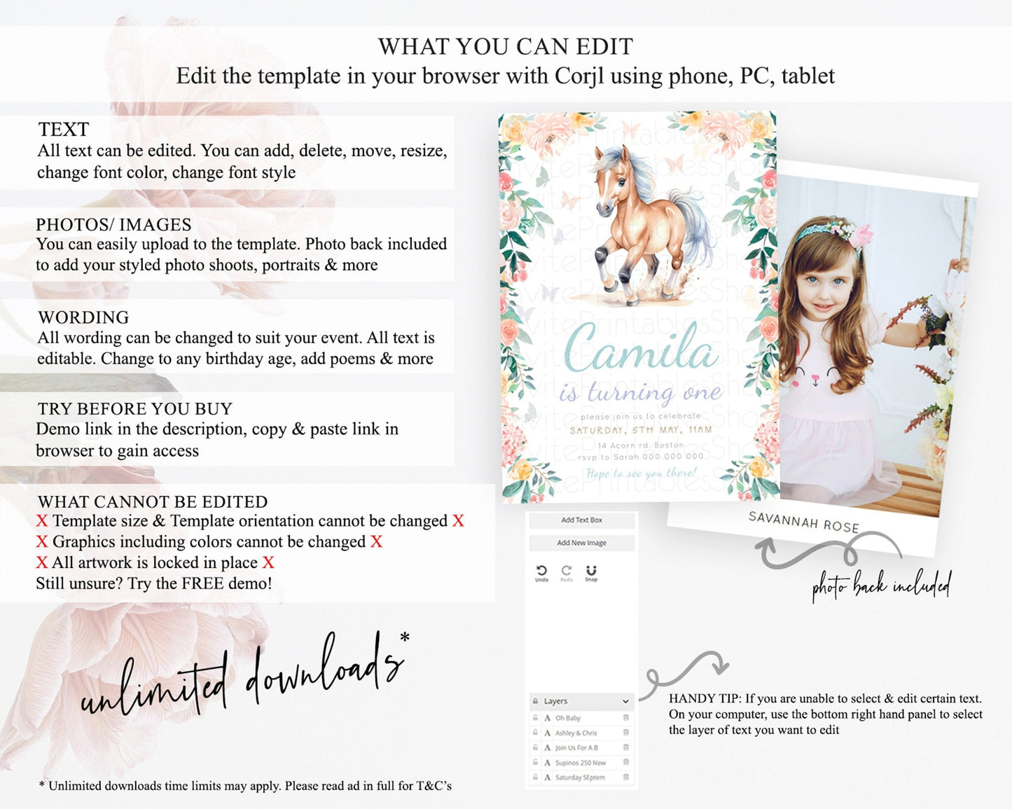 Editable Horse Birthday Invitation Girl Saddle Up Watercolor Cowgirl Party Horse Invite Pink Floral Download Printable Template d23385