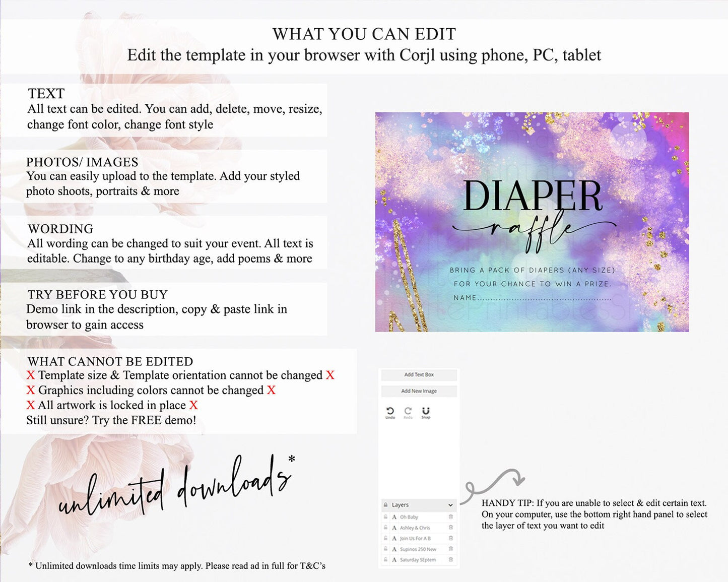 Rainbow Diaper Raffle Card Pastel Diaper Insert Colorful Pastel Watercolor Ombre Diaper Ticket Iridescent Sprinkles Raffle Game D10680