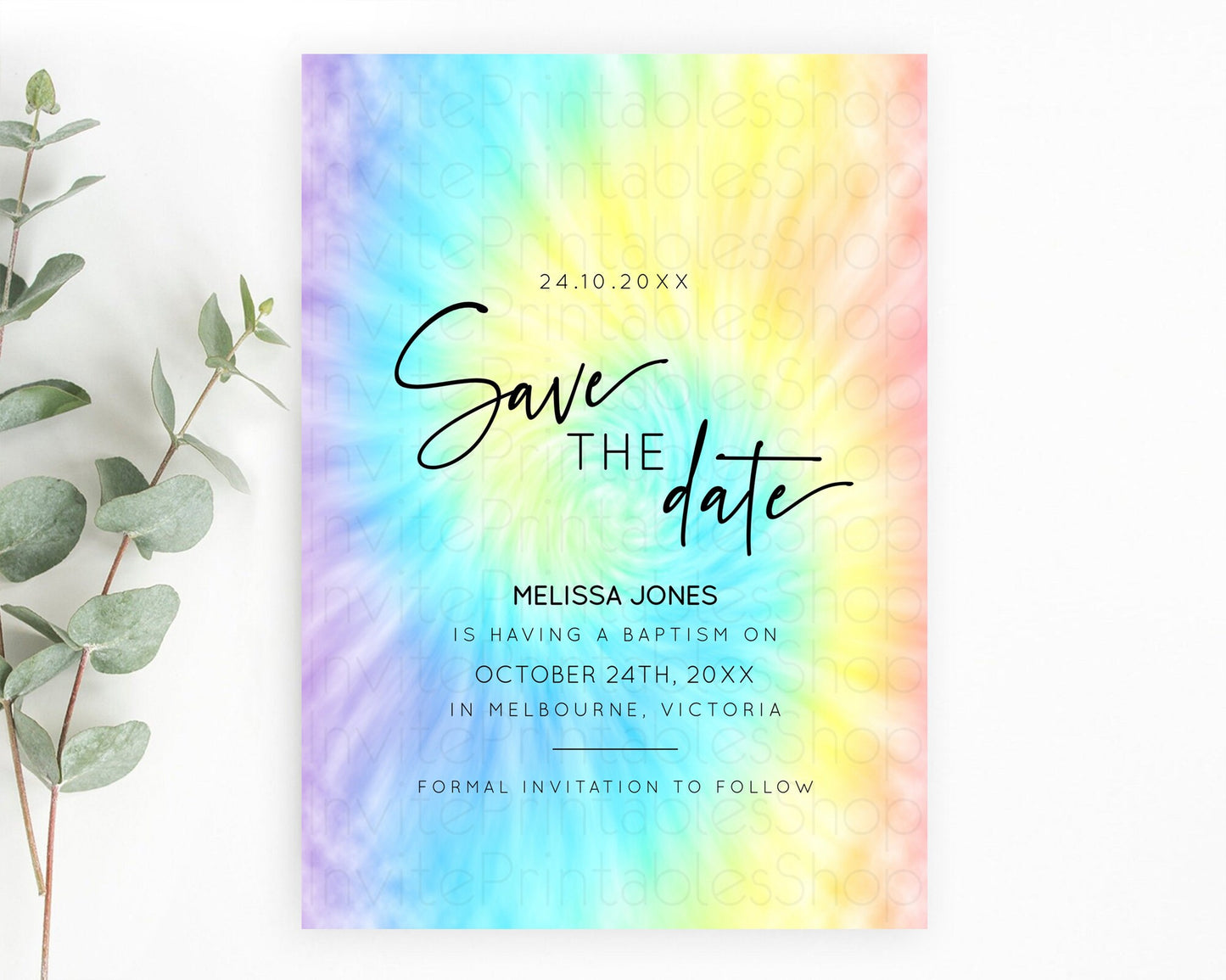 Tie Dye Save The Date Template Rainbow Pastel Ombre Watercolor Party For 1st Birthday Baptism Baby Shower Bridal Shower Wedding D10578