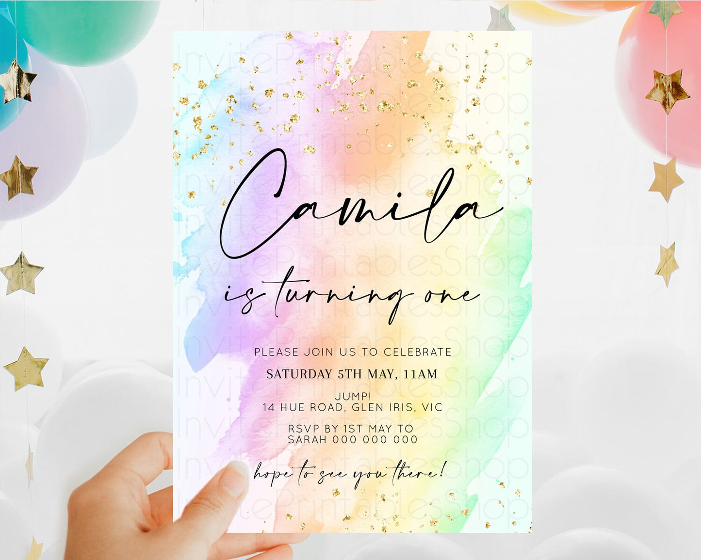 Rainbow Birthday Invitation Colorful Pastel Watercolor Invitation Gold Glitter Sprinkles Ombre Pastel 1st 2nd 3rd Birthday D10645