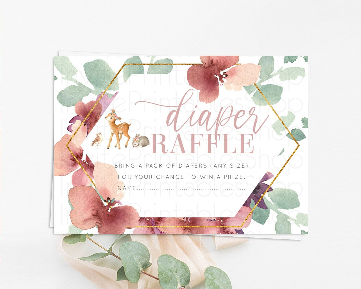 Fawn Diaper Raffle Card Deer Diaper Insert Floral Deer Diaper Ticket Enchanted Forest Butterfly Pastel Baby Shower Raffle Game D10913