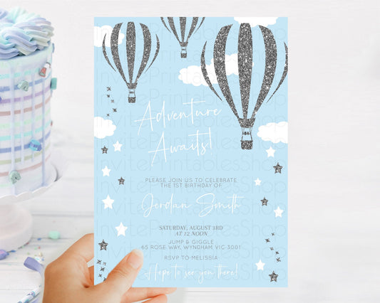 Hot Air Balloon Birthday Invitation Hot Air Balloon Invites Adventure Awaits Up Up & Away Glitter Blue Watercolor 1st Birthday Boy D10335