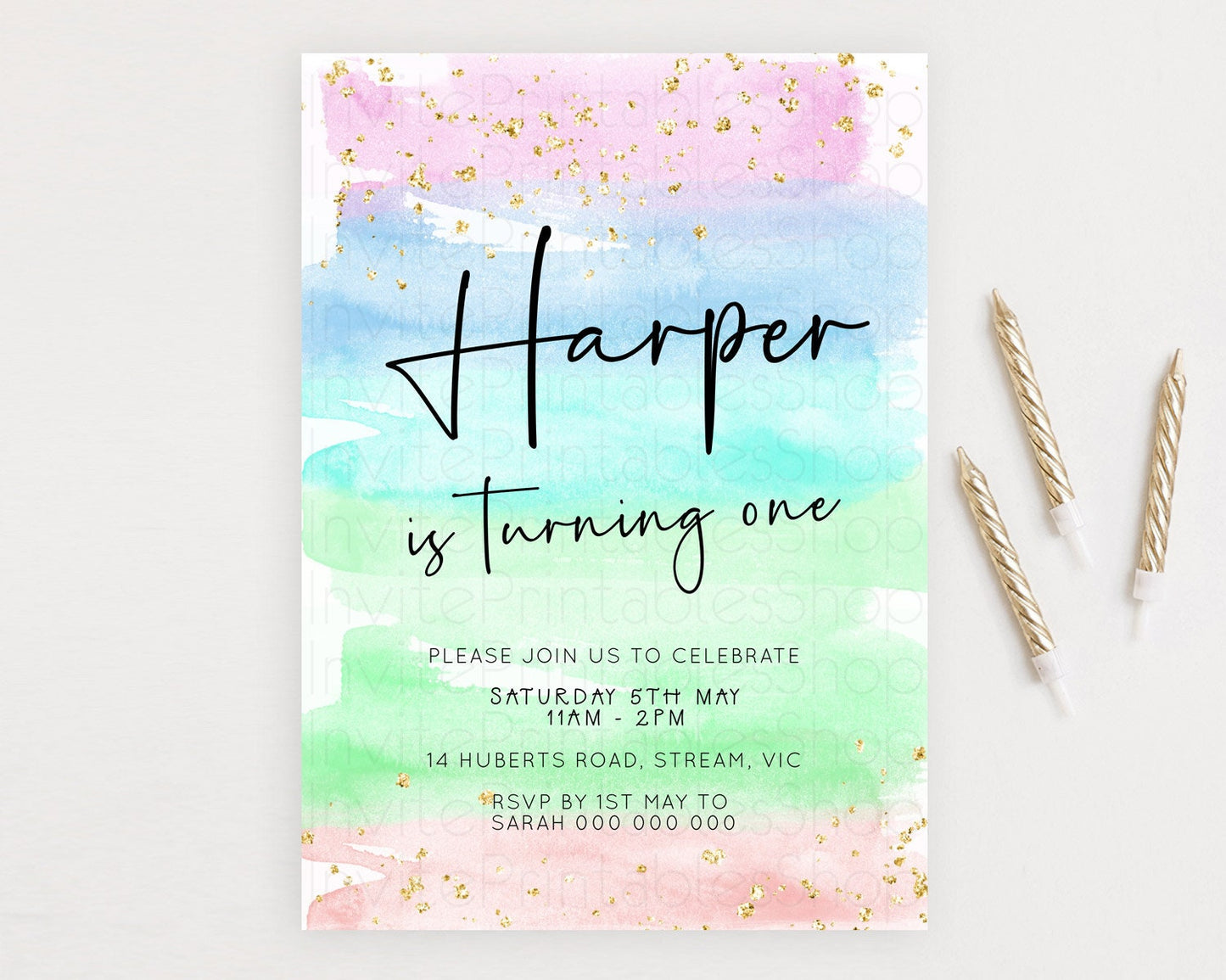 Pastel Birthday Invitation Ombre Watercolor Birthday Invitation Glitter Rainbow Color Splash 1st 2nd 3rd Birthday Invitation D23042