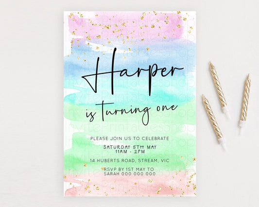 Pastel Birthday Invitation Ombre Watercolor Birthday Invitation Glitter Rainbow Color Splash 1st 2nd 3rd Birthday Invitation D23042