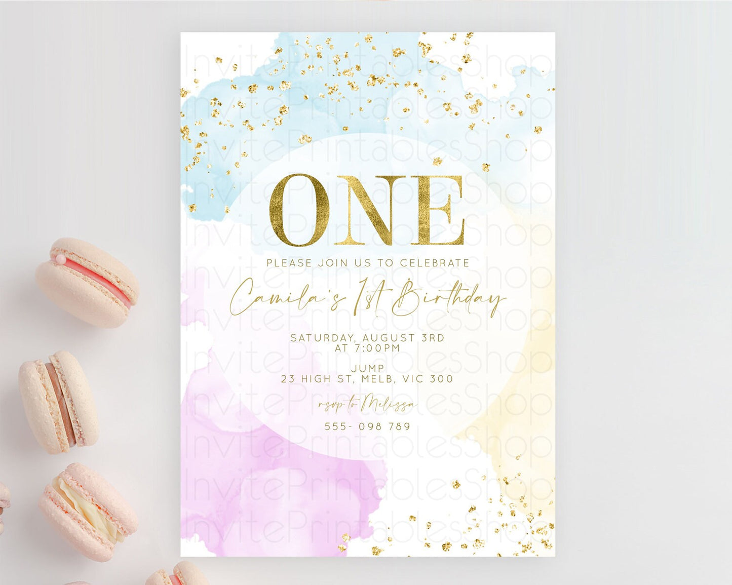 Rainbow Birthday Invitation Colorful Pastel Watercolor Invitation Gold Glitter Sprinkles Ombre Pastel 1st 2nd 3rd Birthday D10204