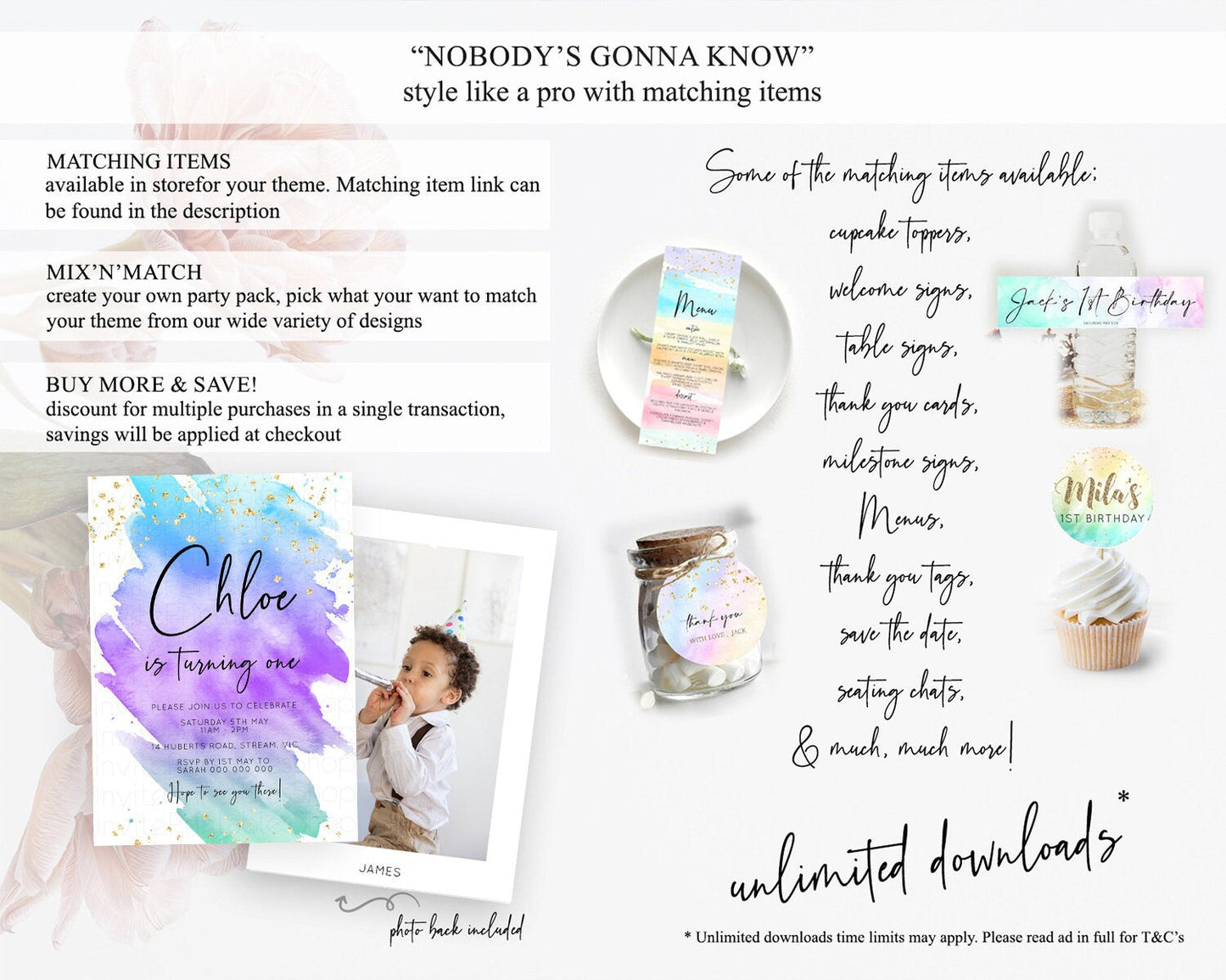 Rainbow Birthday Invitation Colorful Pastel Watercolor Invitation Gold Glitter Sprinkles Ombre Pastel 1st 2nd 3rd Birthday D10491