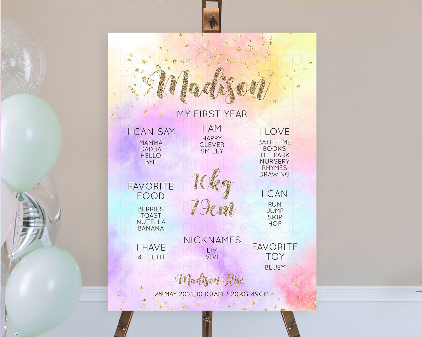 Pastel First Birthday Milestone Board Pastel Rainbow Milestone Poster Colorful Confetti Watercolor Glitter 1st Birthday Welcome Sign D10435