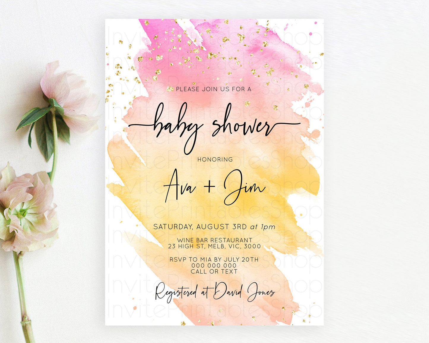 Pastel Baby Shower Invitation Rainbow Baby Shower Invitation Colorful Pastel Watercolor Invitation Gold Glitter Sprinkles Ombre D10527