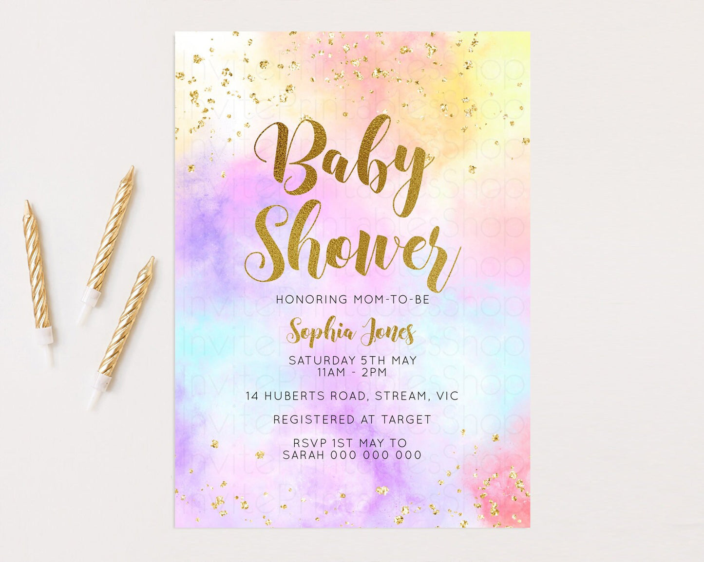 Rainbow Baby Shower Invitation Pastel Baby Sower Invitation Colorful Splash Invite Sprinkle Confetti Watercolor Ombre Baby Shower Invite 499