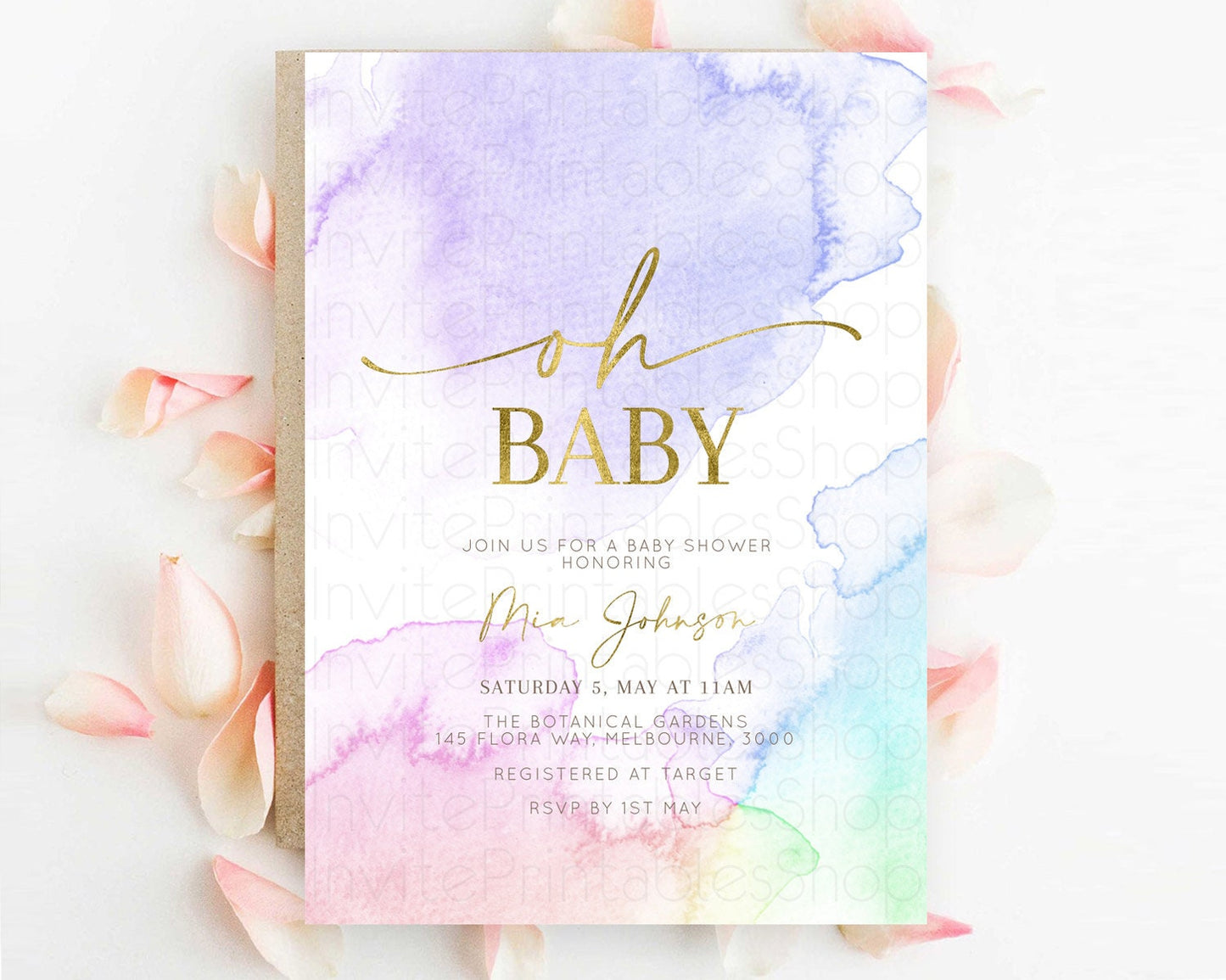 Pastel Baby Shower Invitation Rainbow Baby Shower Invitation Colorful Pastel Watercolor Invitation Gold Glitter Sprinkles Ombre D10215