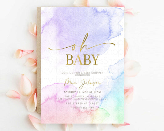 Pastel Baby Shower Invitation Rainbow Baby Shower Invitation Colorful Pastel Watercolor Invitation Gold Glitter Sprinkles Ombre D10215