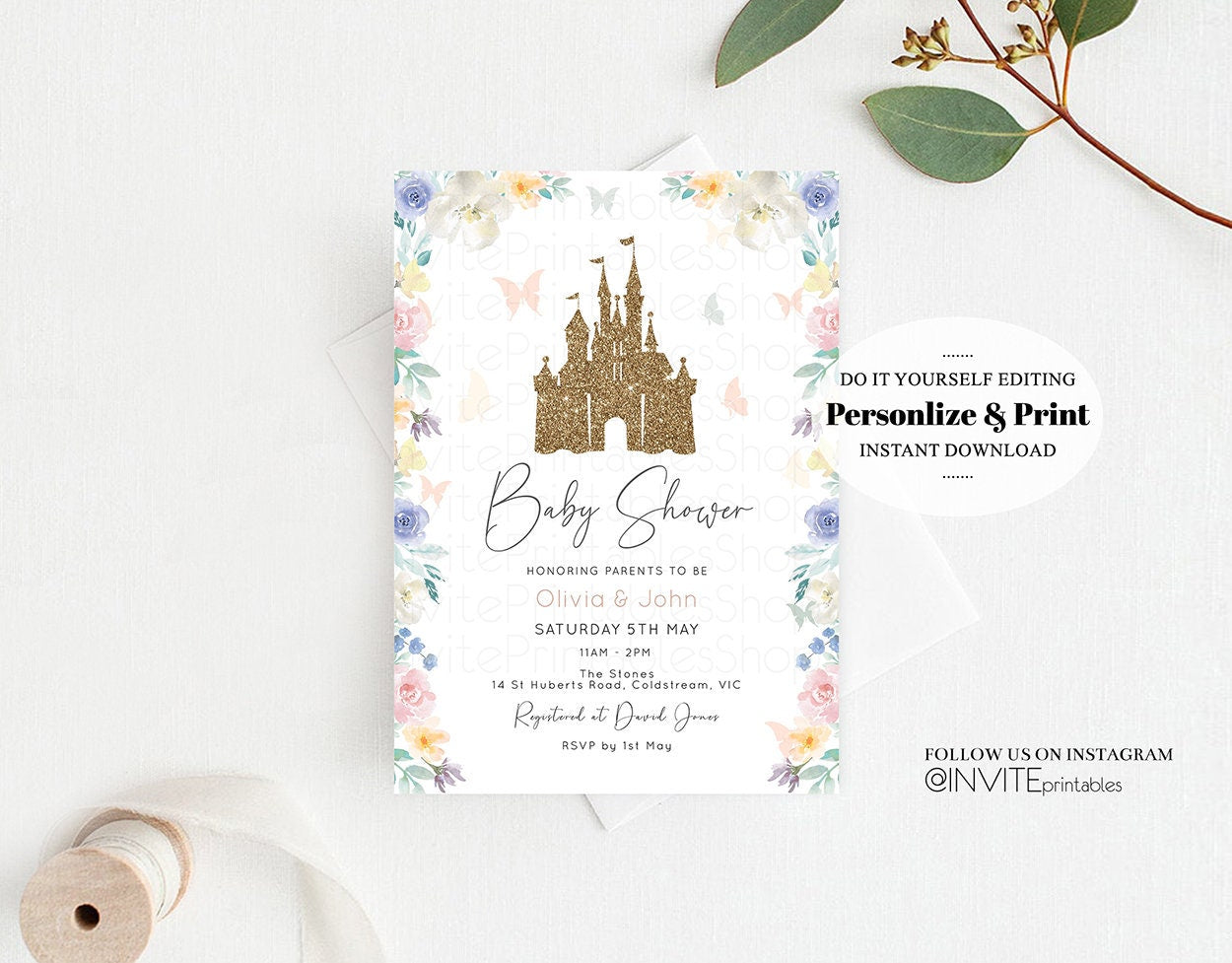 Princess Baby Shower Castle Invitation Disney Invitation Glitter Pastel Florals Secret Garden Enchanted Castle Magical Butterflies Flutters