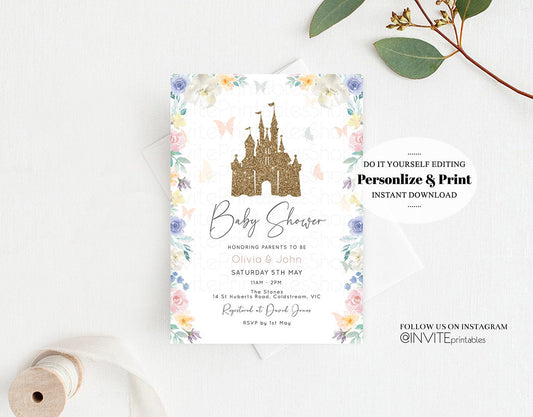 Princess Baby Shower Castle Invitation Disney Invitation Glitter Pastel Florals Secret Garden Enchanted Castle Magical Butterflies Flutters