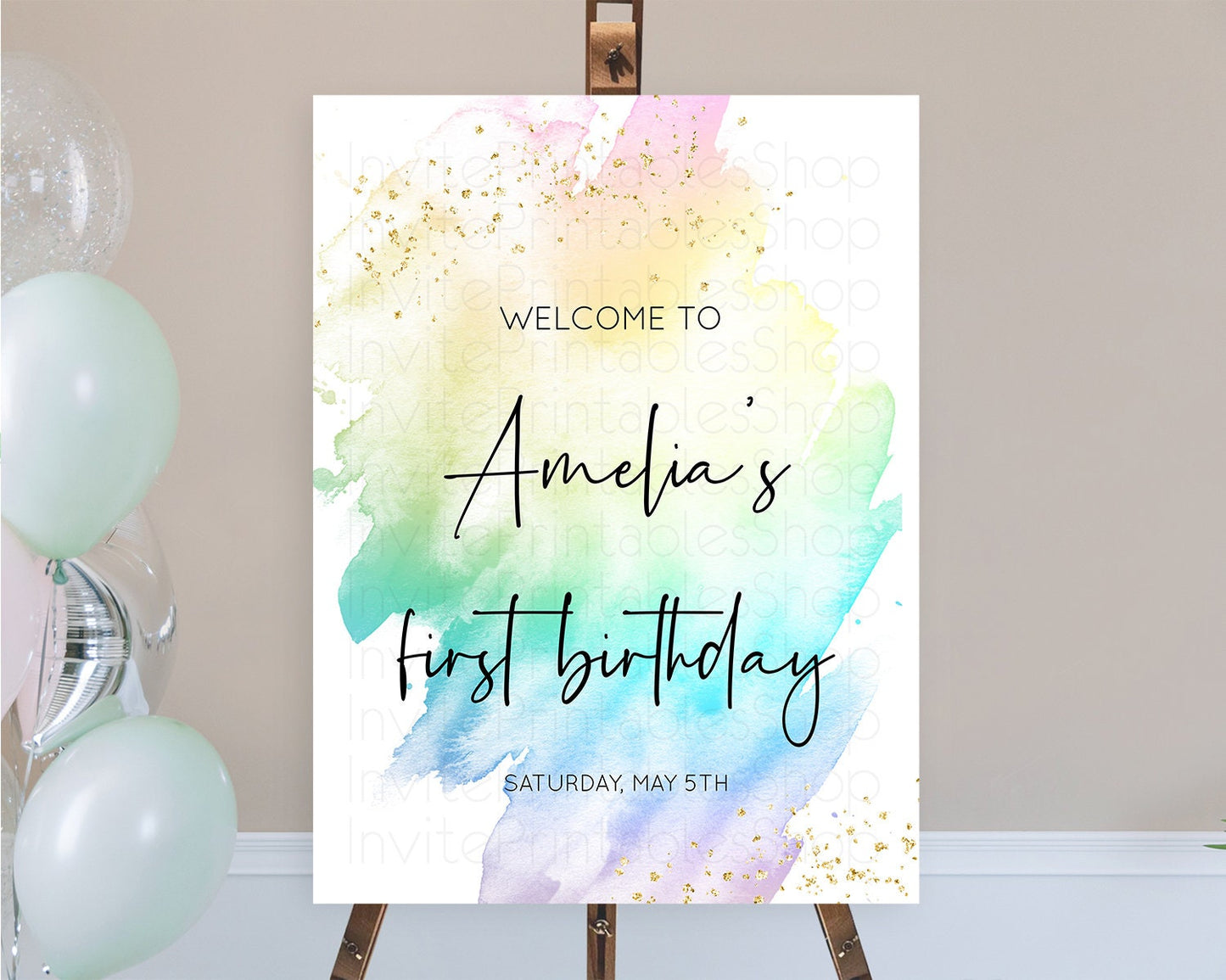 Pastel Welcome Sign Pastel Rainbow Welcome Sign Colorful Rainbow Confetti Watercolor Glitter Pastel First Birthday Welcome Sign D10279