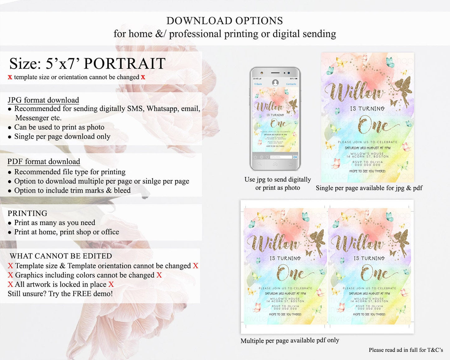 Pastel Fairy Birthday Invitation Pastel Butterflies Fairy Birthday Invitation Rainbow Ombre Watercolor 1st 2nd Birthday Invitation D23349