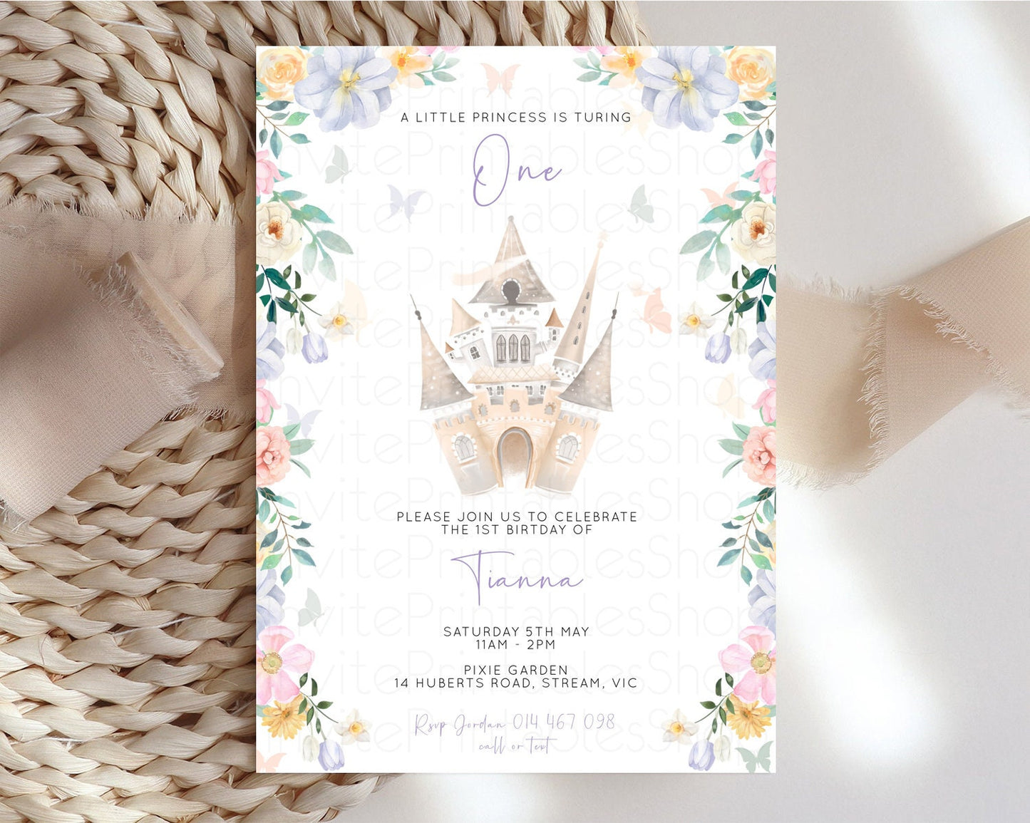 Castle Birthday Invitation Princess Birthday invite Enchanted Garden Invite Pastel Floral Invite Butterfly Garden Invite Royal Party C513