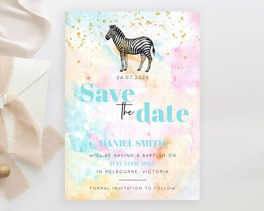 Pastel Zebra Save The Date Template Rainbow Watercolor Zebra Party Save The Date Colorful Zebra Theme Birthday Baptism Baby Shower D10281