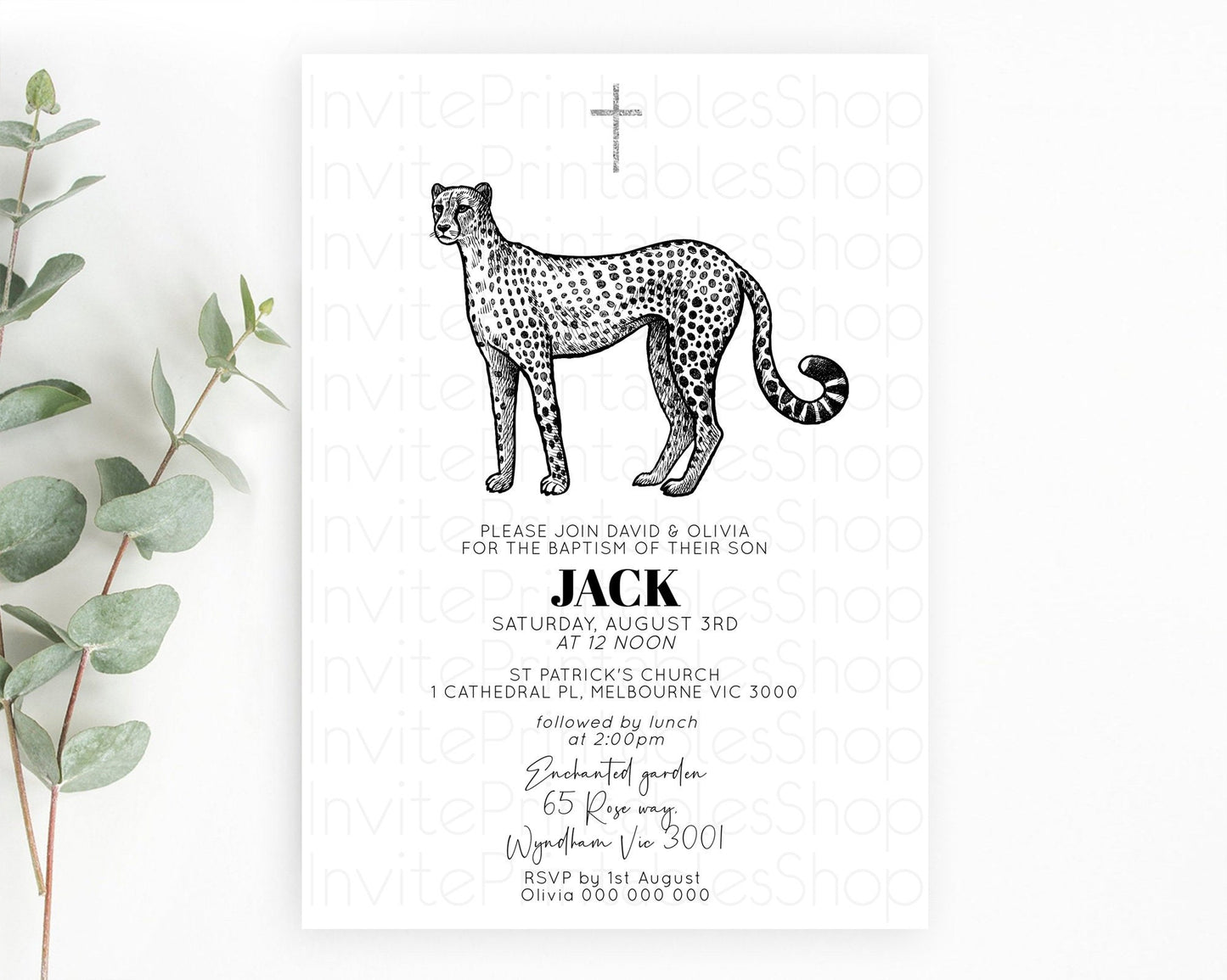 Cheetah Baptism Invitation Cheetah Baptism 1st Birthday Invitation Cheetah Safari Adventure Christening Party Palm Leaf Zoo Cheetah D10290