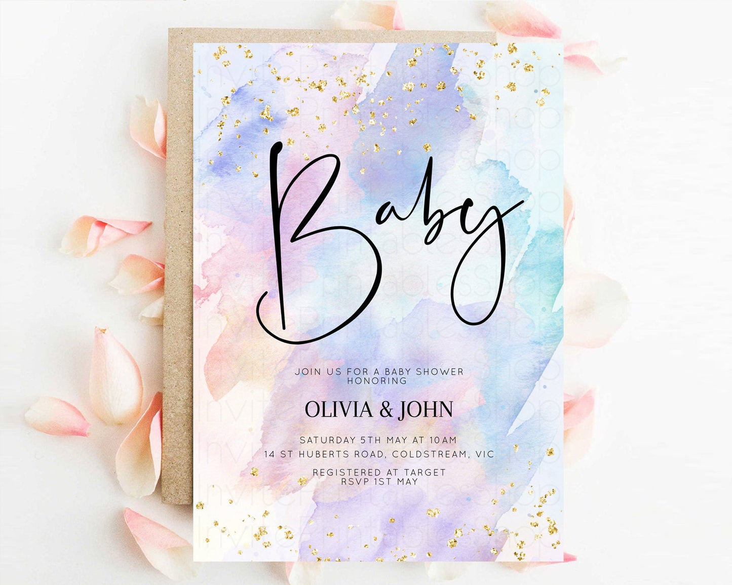 Rainbow Baby Shower Invitation Watercolor Pastel Invitation Colorful Splash Baby Invite Gold Glitter Sprinkles Ombre Gender Reveal t576