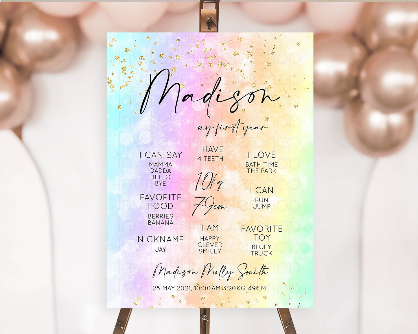 Pastel First Birthday Milestone Board Pastel Rainbow Milestone Poster Colorful Confetti Watercolor Glitter 1st Birthday Welcome Sign D10647