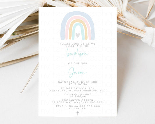 Rainbow Baptism Invitation Pastel Rainbow Christening Invitation Watercolor Boho Rainbow Invite Pastel Colors Rainbow Heart Invite Cross 19