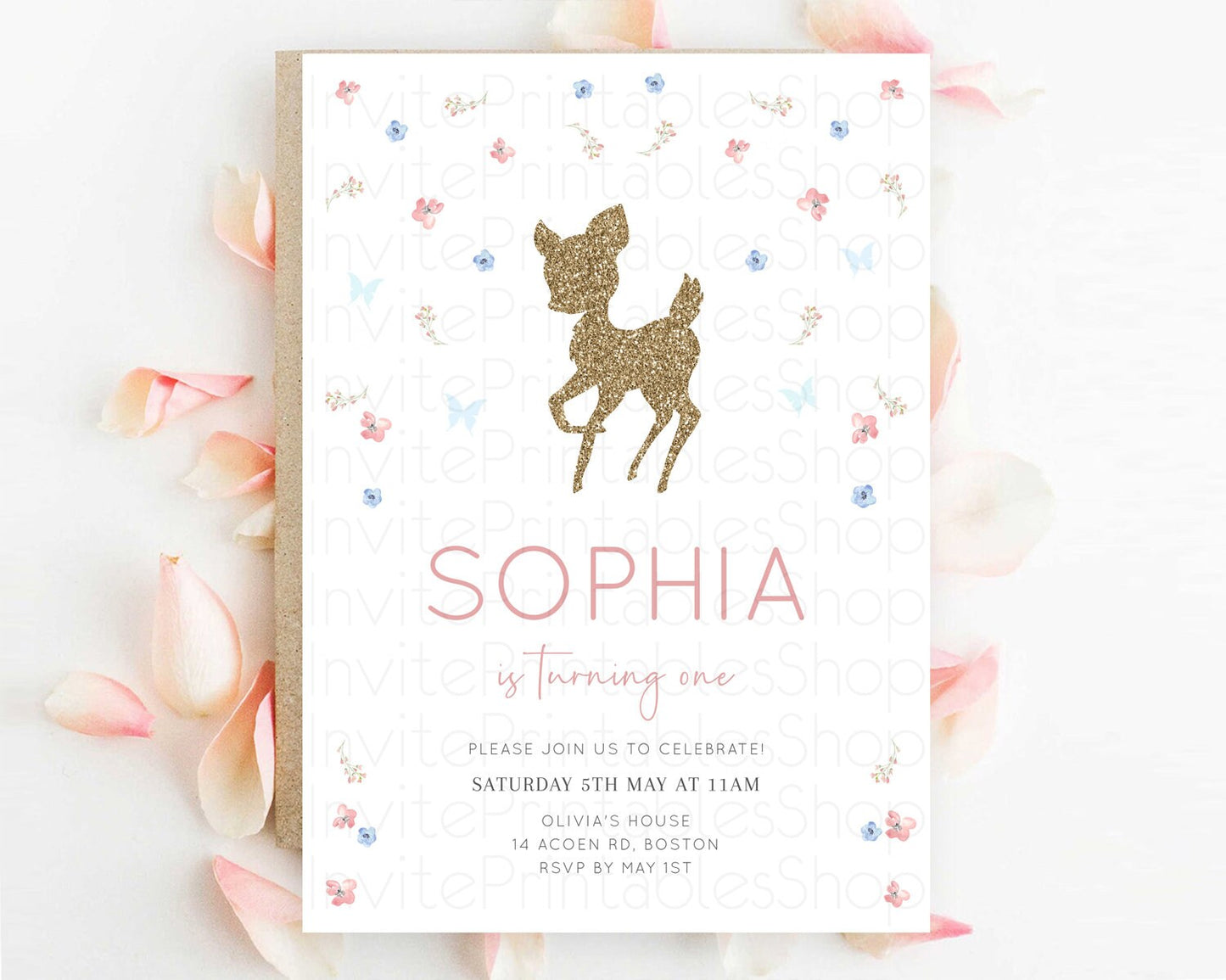 Fawn Birthday Invitation Deer Birthday Invitation Enchanted Forest Party Butterfly Pastel Flowers Whimsical 2nd 1st First Birthday D10359