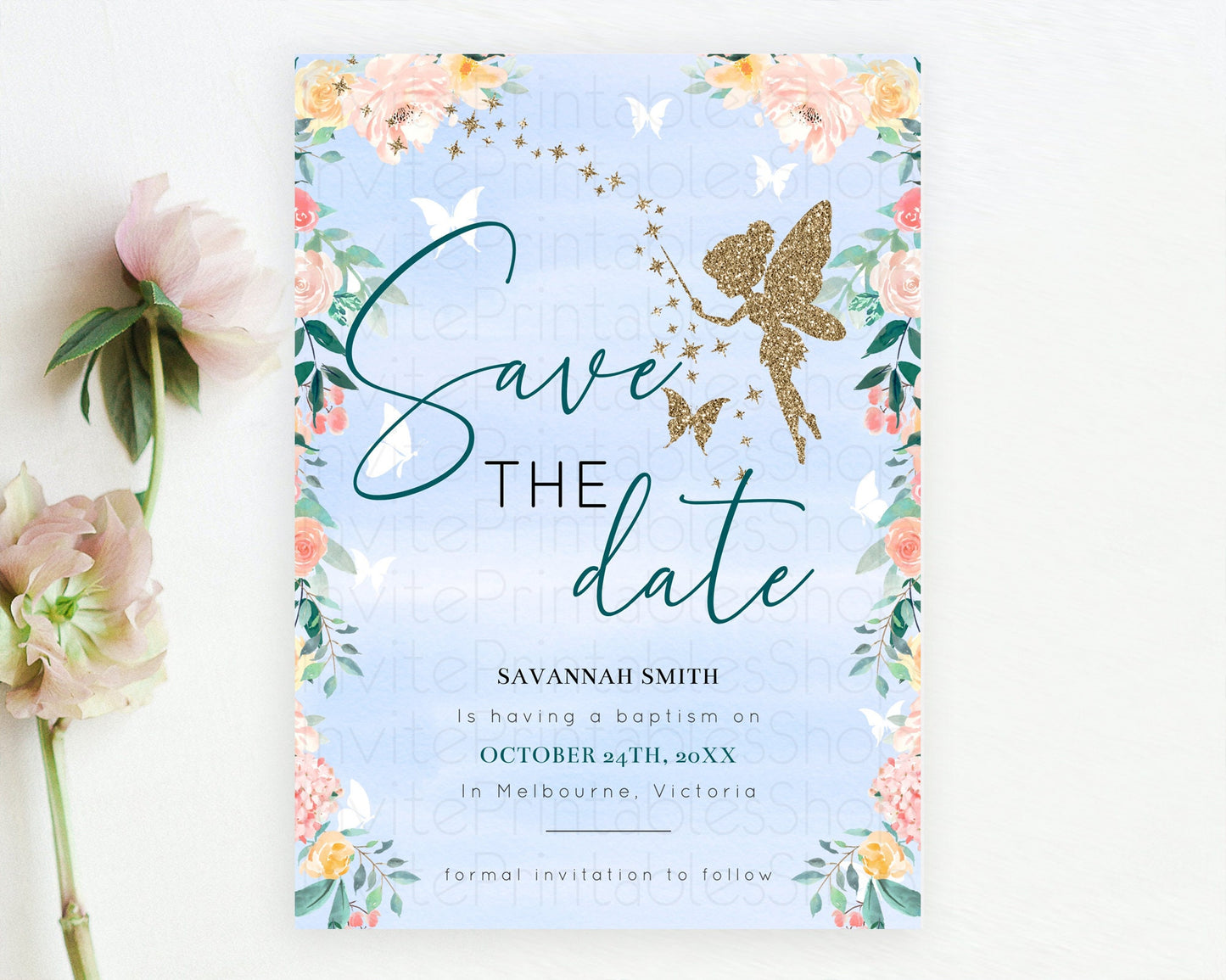 Fairy Save The Date Template Enchanted Garden Pastel Floral Butterfly Party Secret Garden Birthday Baptism Baby Shower Bridal Shower D10794