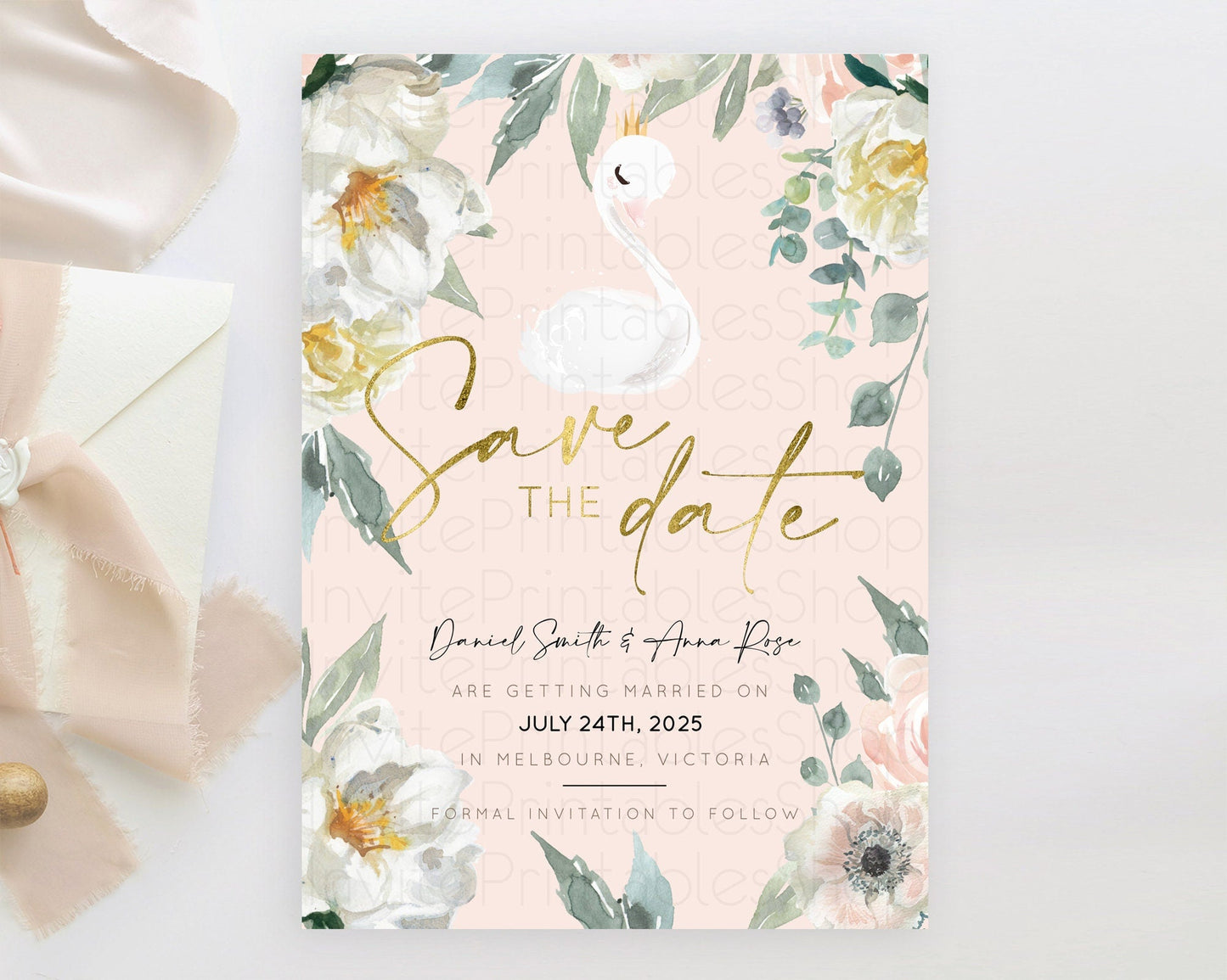 Swan Save The Date Template Swan Princess Ballet Party Enchanted Swan Lake Secret Garden Pastel Floral Birthday Baptism Baby Shower D10115