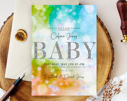 Colorful Baby Shower Invitation: Pastel Watercolor, Ombre Rainbow, Green, Orange, Blue, Silver Glitter, Iridescent Confetti Tie Dye D10692