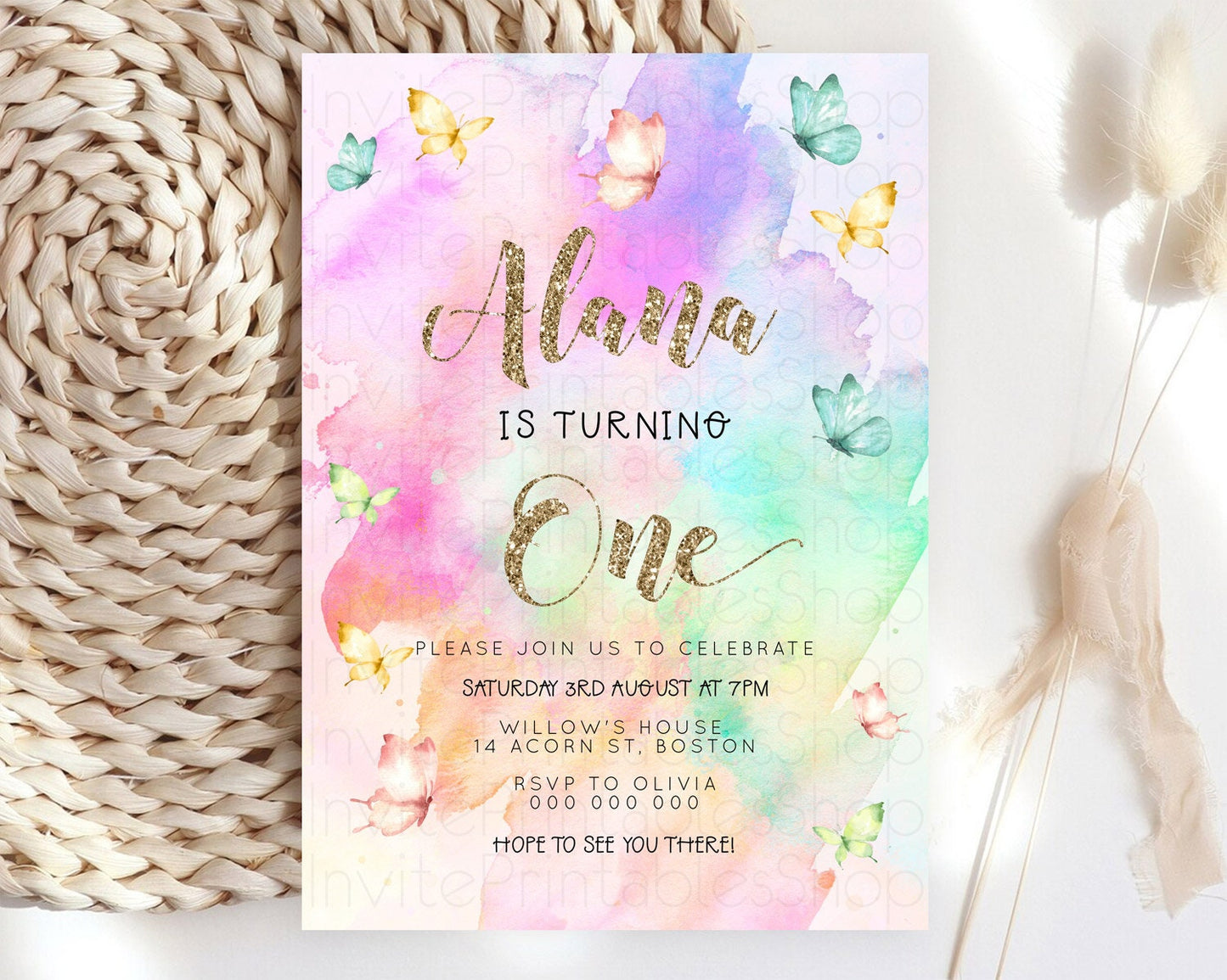 Pastel Butterfly Birthday Invitation Butterfly Birthday Invitation Colorful Splash Glitter Butterfly Garden 1st 2nd Birthday D23243