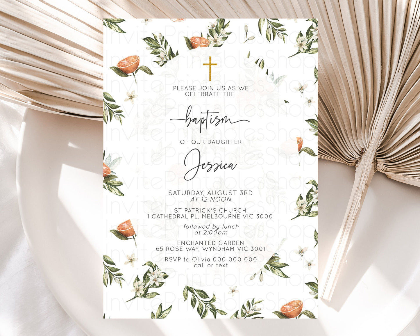 Citrus Baptism Invitation Lemon Orange Baptism 1st Birthday Invitation Citrus Garden Christening Invitation Citrus Floral Religious  D10545