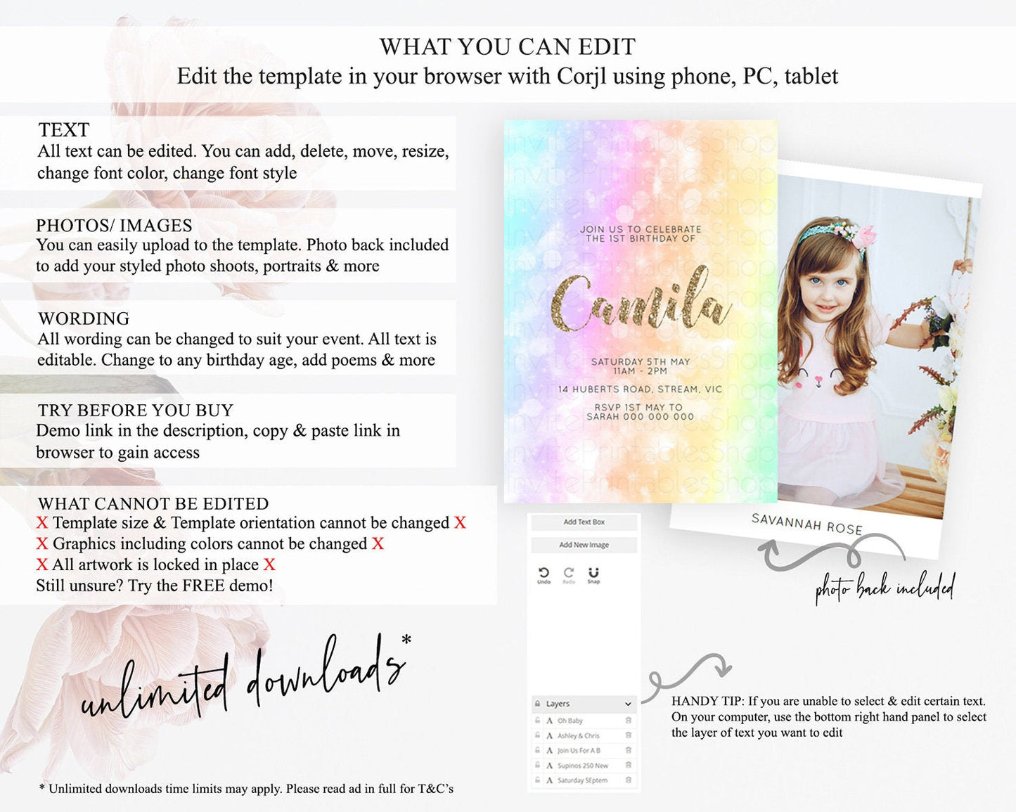 Rainbow Birthday Invitation Colorful Pastel Watercolor Invitation Gold Glitter Sprinkles Ombre Pastel 1st 2nd 3rd Birthday D10648