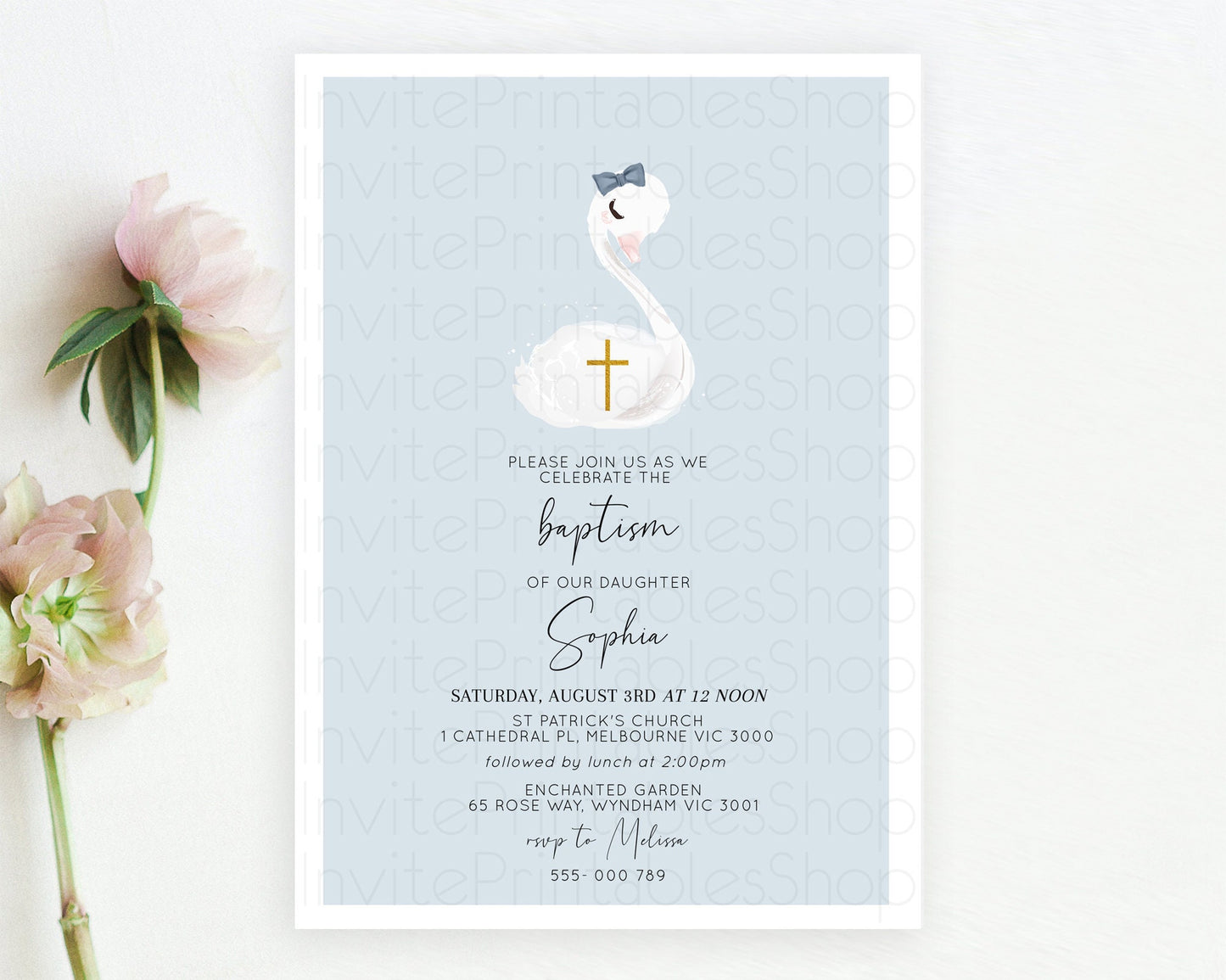 Swan Lake Baptism Invitation Swan Princess Ballet Baptism 1st Birthday Enchanted Forest Secret Garden Watercolour Pastel Floral D10760