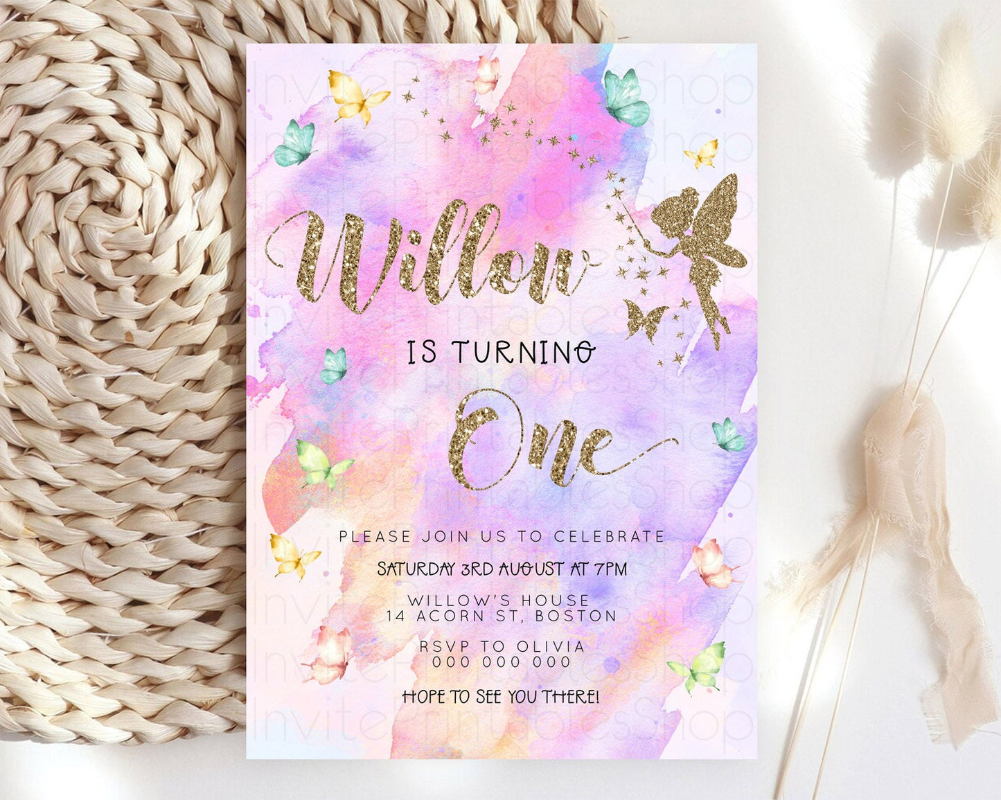 Pastel Fairy Birthday Invitation Pastel Butterflies Fairy Birthday Invitation Rainbow Ombre Watercolor 1st 2nd Birthday Invitation D23345